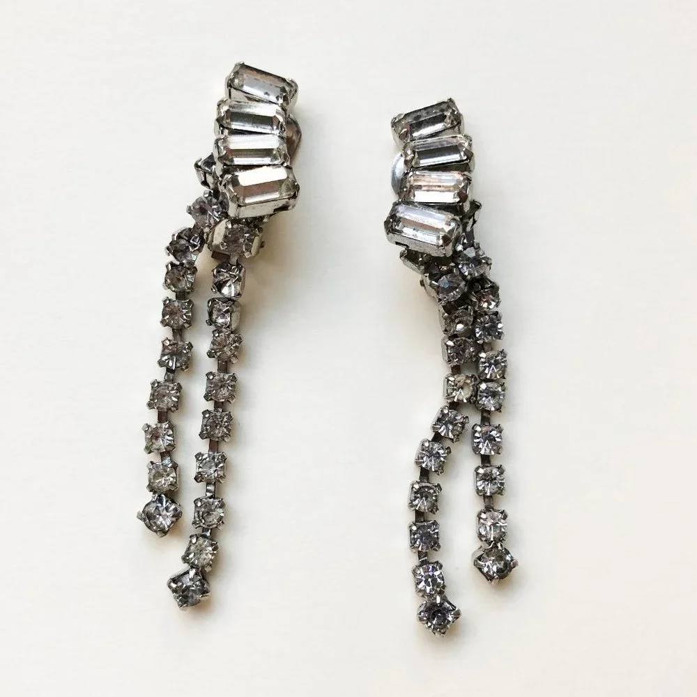 Art deco dangle earrings silver for bride, long crystal clip on earrings